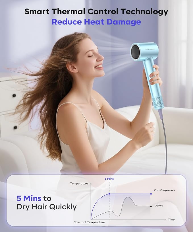 Cosy Companions High Speed Ionic Hair Dryer, 150000 RPM Fast Drying Blow Dryer with 500 Million Negative Ions, Lightweight with Heat Protection for Women & Men, Professional Salon Dryer, Blue