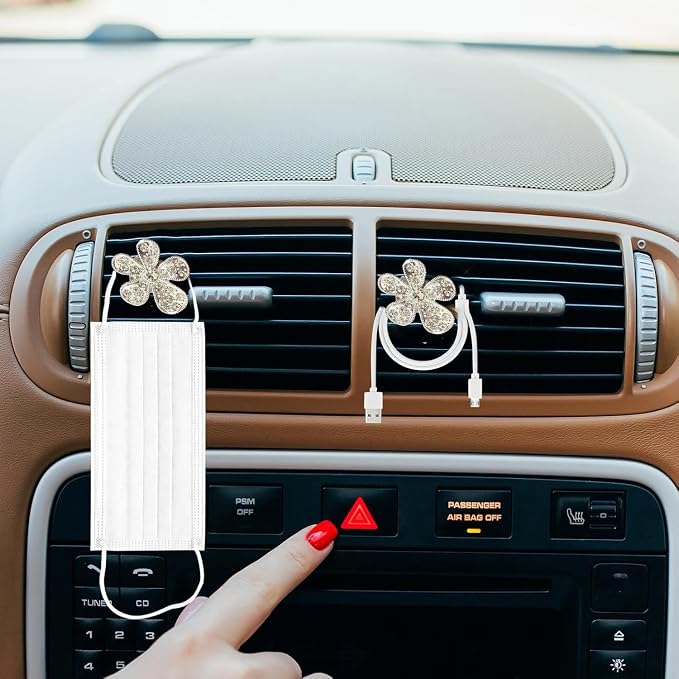 Daisy Air Vent Clips, 3 Pcs Cute Flower Crystal Rhinestone Car Air Conditioning Outlet Clip Vehicle Air Freshener Clip Charm Car Inter Decor Accessories for Women (Silver, 1.6inch)