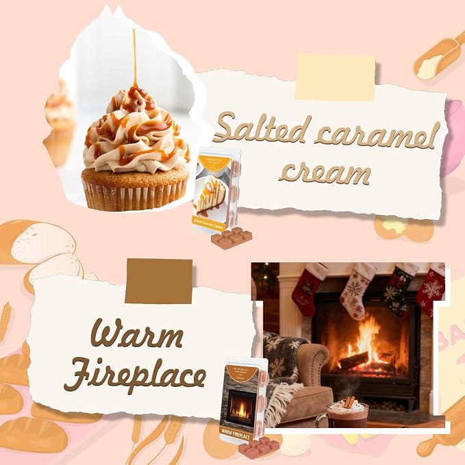 SCENTORINI Wax Melts, Wax Cubes Strong Scent, 4 Salted Caramel Cream & 4 Warm Fireplace Summer Scented Wax Melts, Soy Wax Melts for Warmer, Home Fragrances