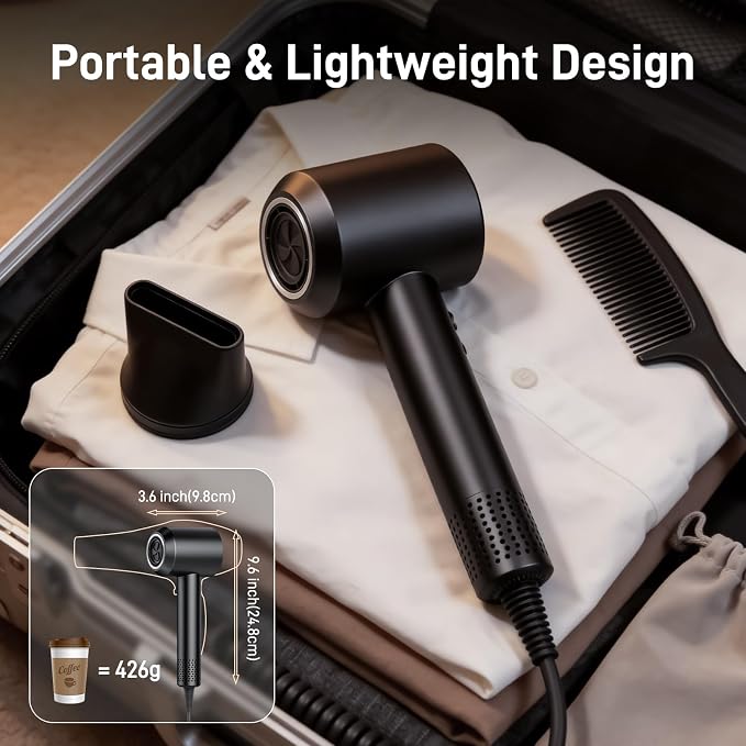 Hair Dryer, 180,000 RPM High-Speed Ionic Blow Dryer with Brushless Motor, 500 Million Negative Ions, LED Display, Low-Noise Professional Hairdryer for Fast Drying, Magnetic Diffuser for Home & Travel
