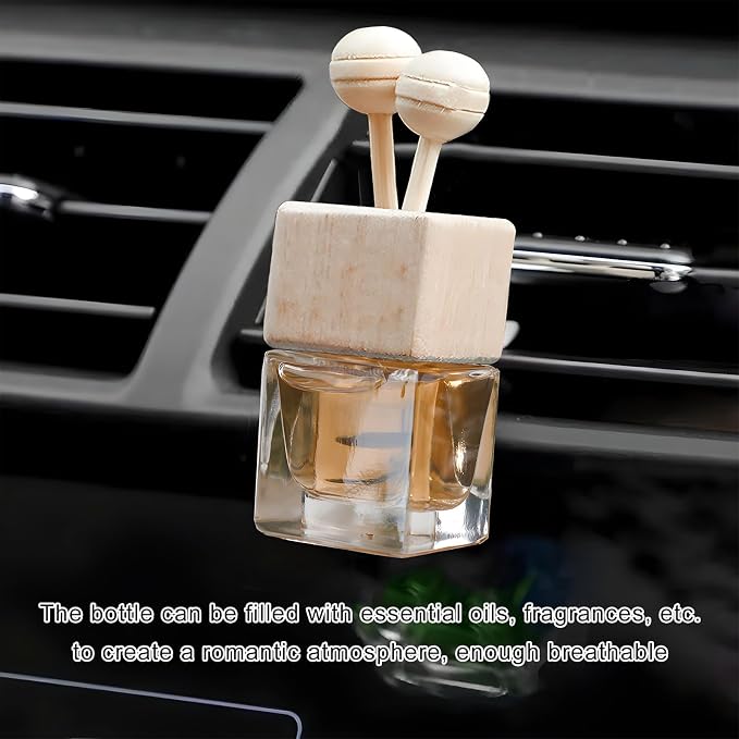 4PCS Car Diffuser Air Freshener Bottle, Refillable Empty Perfume Diffuser Vent Clip with Wooden Cap, Universal Essential Oil Glass Bottle Fragrance Ornament for Most Vehicles