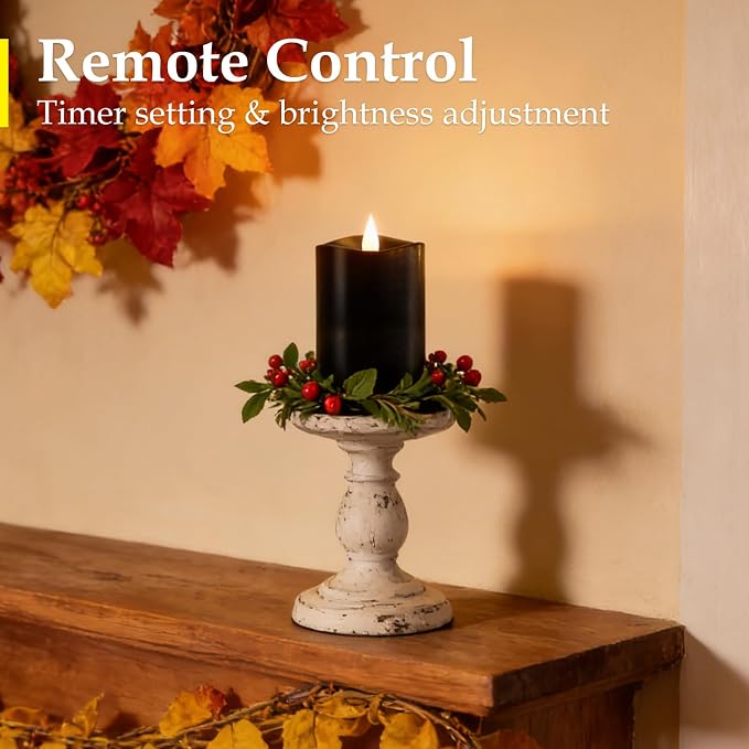 Black Flameless LED Candles - 3" x 4" Real Wax, Battery Operated with Remote Timer, 3D Flickering, Lasts 600+ Hours, Halloween & Christmas Deco (Black, 3"*4"-1pcs)