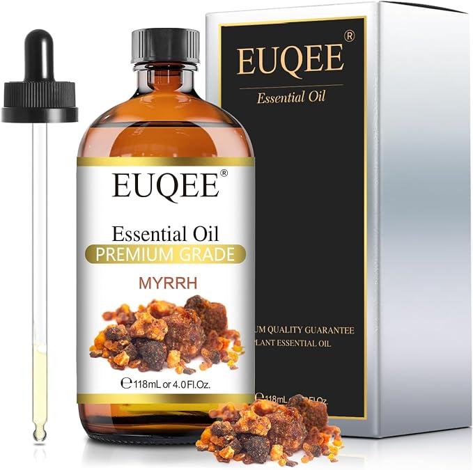 EUQEE Myrrh Essential Oil, Premium Myrrh Oil with Glass Dropper for Aromatherapy, Diffuser, Soap Candle Making - 4 Fl oz/ 118ML
