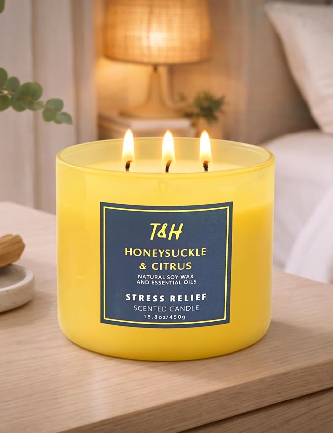 Honeysuckle Citrus Scented Soy Candle | Large 3-Wick Candle for Home, 15.8 oz | Fresh Floral Citrus Candle | Summer Candles for Women & Men | Thank You & Hostess Gifts for Women