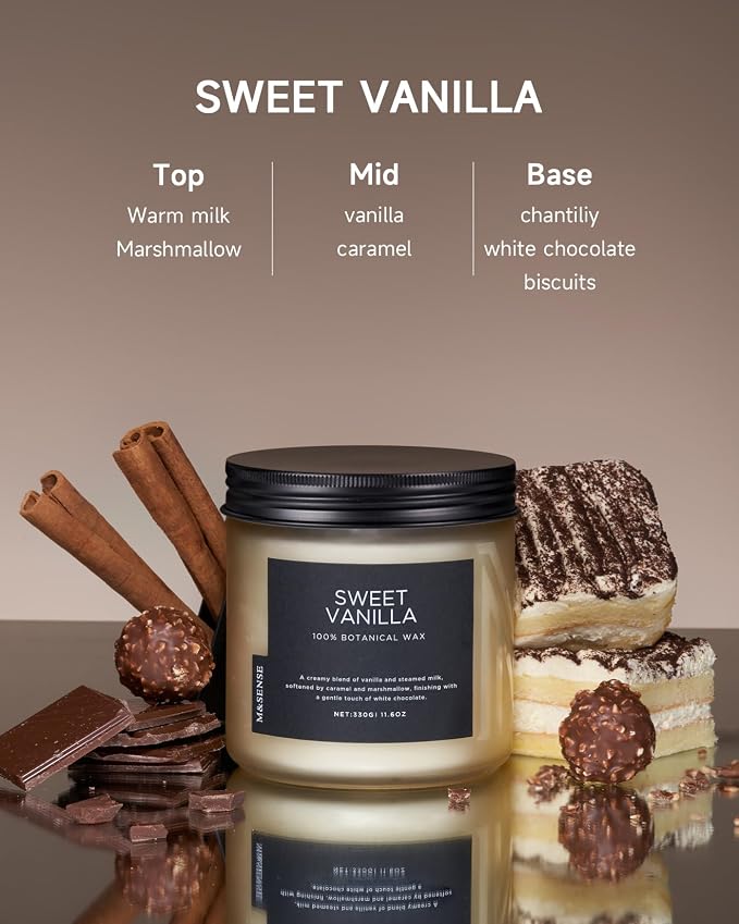 M&SENSE Vanilla Scented Candles for Home, 11.6oz Natural Soy Wax, 70-Hour Long Lasting Burning, Non Toxic Clean Burn, Warm Smelling for Stress Relief Spa, Housewarming Gift for Family Friends