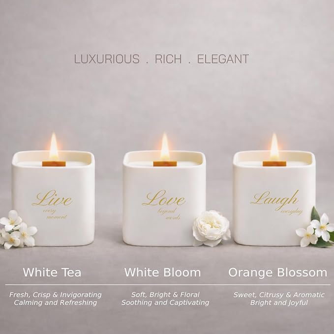 Set of 3 Premium Scented Soy Candles Gift Set | One Life Collection - Orange Blossom, White Tea & White Bloom | Crackling Wood Wick | Luxury Candle Set for Relaxation, Home Décor & Gifts | 9.8oz Each