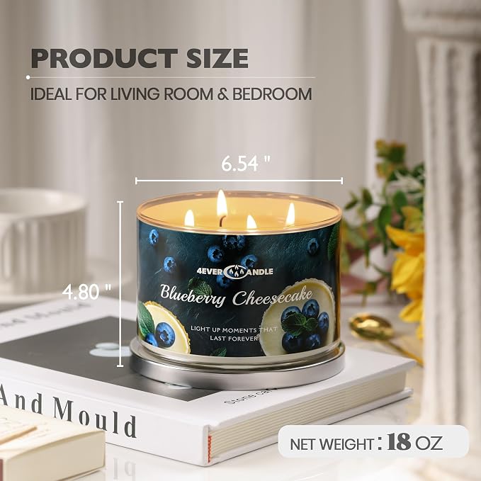 4EVER Scented Candles | 4-Wick 18oz Soy Wax Candle | Up to 50Hrs Clean Burn | Aromatherapy Candles for Home Scented | Gifts for Women & Mom, Blueberry Cheesecake