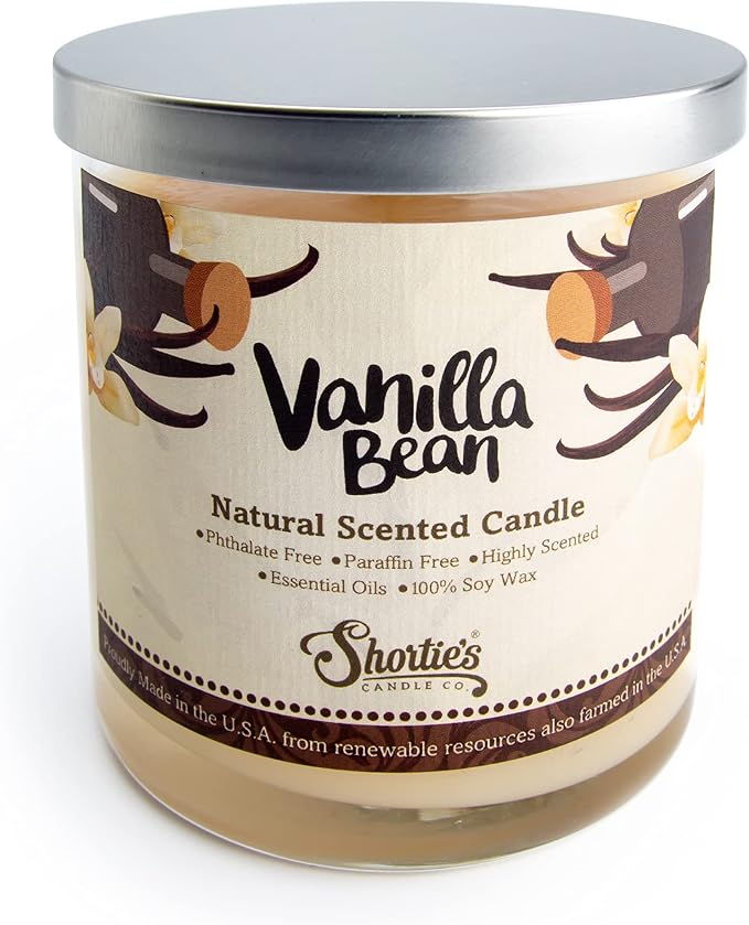 Vanilla Bean Scented Natural Soy Candle, Essential Fragrance Oils, 100% Soy, Phthalate & Paraben Free, Clean Burning, 9 Oz.