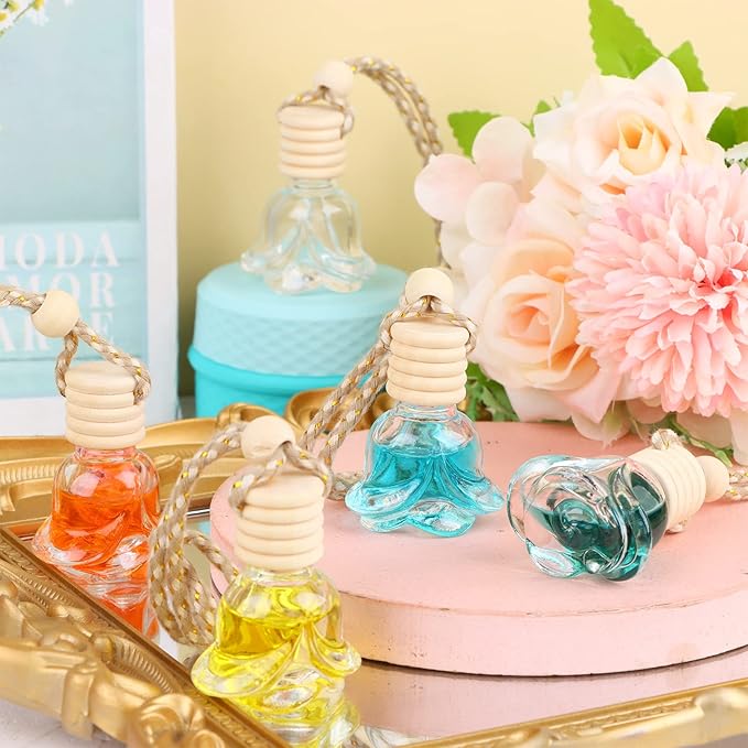 60 Pcs Hanging Car Air Freshener Car Diffuser Bottles Empty Glass Perfume Bottles Air Freshener Diffuser Bottle Pendant for Essential Oils Fragrance Aromatherapy Ornament Decor (Rose Style)