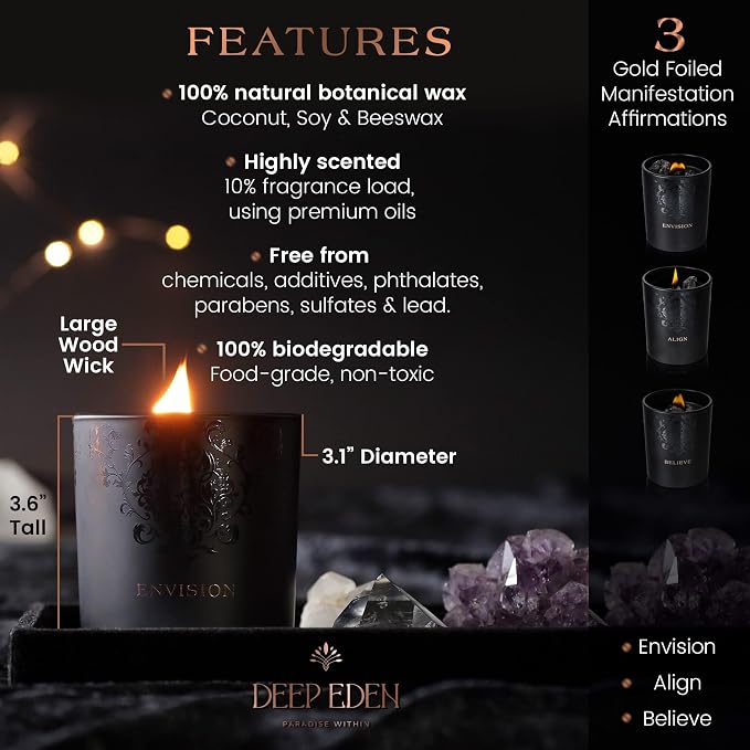 Black Orchid & Pine Moss Scented Crystal Candle - Luxury Manifestation Candle with Smoky Quartz and Clear Quartz Crystals - 7.4oz Natural Soy, Coconut & Beeswax, Wood Wick