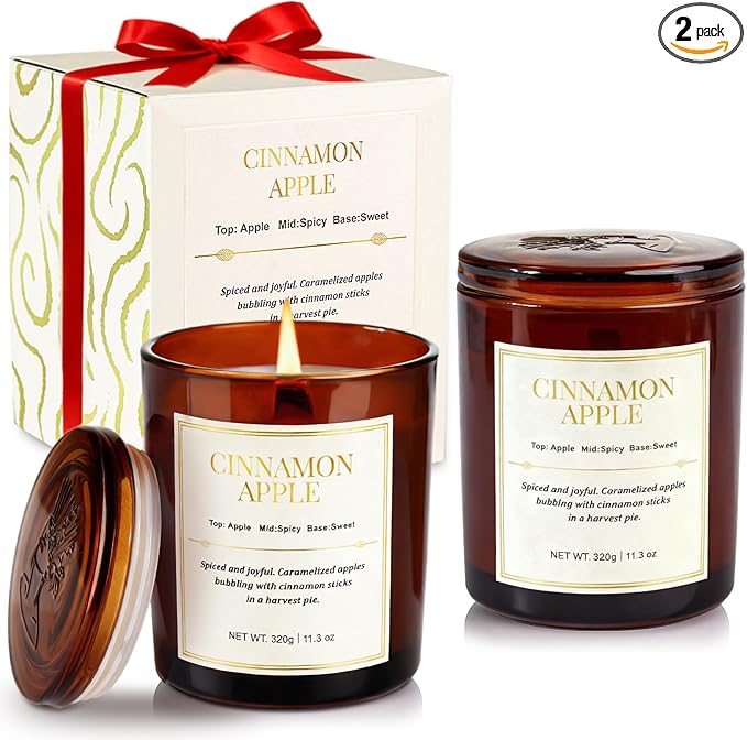 Scented Candles for Home,2 Pack Wood Wick Cinnamon Apple Scented Candles,Long Lasting Natural Soy Wax Candles with Gift Boxes,Cozy Aromatherapy Candle for Home Decor