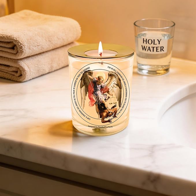 San Miguel Arcángel St. Archangel Michael Prayer Candle 50 Hours with Warmer Ring│Hand-Poured Soy Wax│Protection from Terror, Evil Banishing, Spiritual Warrior, Energetic, Defender│3“×3.6”