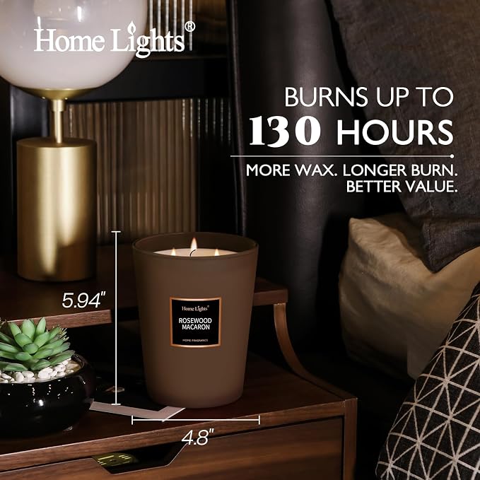 HomeLights Scented Candles | Large Jar Candle - 33.3 Oz. Natural Soy Aromatherapy Candles | Up to 70 Hours Burn Time with 3 Cotton Wicks, Home Decorative Fragrance Candles - Rosewood Macaron