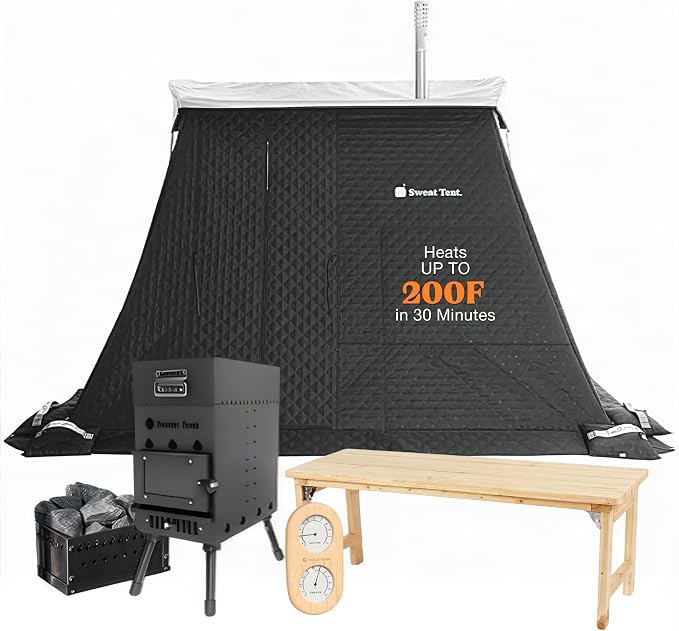 SweatTent Portable Outdoor Sauna (Extra Large) Pro Bundle – Complete Kit with Stove, Cedar Bench, Essential Oil, Wool Hat, Accessories, Quick Assembly, High-Temperature, 10 Adults, Backyard & Camping
