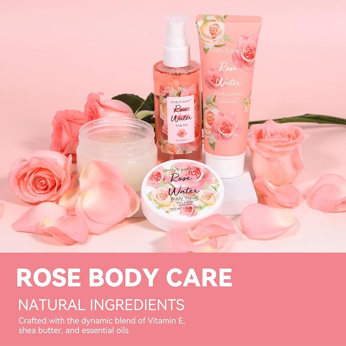 BODY & EARTH Gift Set - Spa Sets for Women, Perfume, Body Lotion, and Scrub in a Rose Water Box - Perfect Birthday Gifts for Mom Girlfriend Her