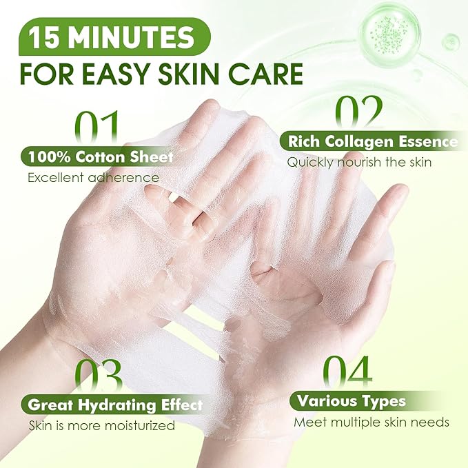 KONEUK 72 Pack Bulk Hydrating Face Masks Skincare, Collagen Sheet Face Mask for Dry, Oily Skin, Spa Gifts for Women Skin Care, Sleepover Party Supplies, Party Favors, Birthday Gifts (9 Types x 8 Pcs)