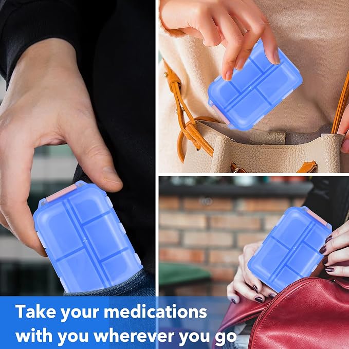 Travel Pill Organizer with 189 Medicine Labels, 10 Compartments Small Pill Case Compact and Portable Travel Pill Box for Airplane Car Purse Nurse Vacation Essentials (Blue, 1 Pack)