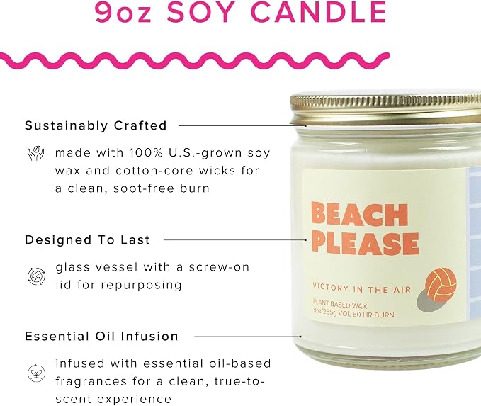 Beach Please Soy Wax Candle – Fresh Bergamot, Pink Pepper & Sandalwood – Volleyball Gift Candle, 9 oz Clean Burn