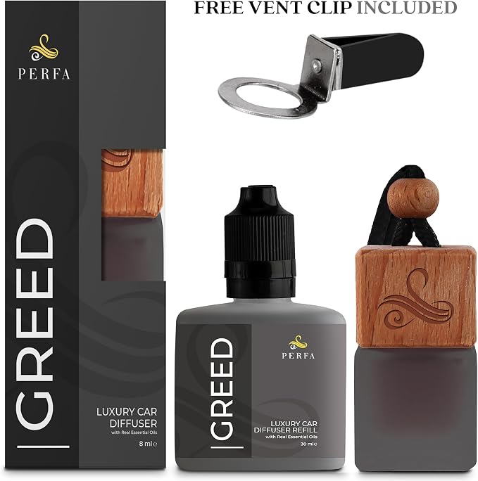 Greed Gift Set with Refill Bottle | Perfume Inspired Car Fragrances | Strong Car Freshener with Odour Eliminator Technology | Greed Automotive Freshener by Perfa