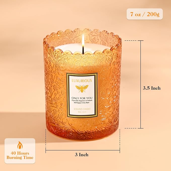Amber Scented Candle, Candles for Home Scented, Candles Gifts for Women & Men, Luxury Glass Jar Candle, Natural Soy Candle, 40 Hours Long Burning, 7 oz