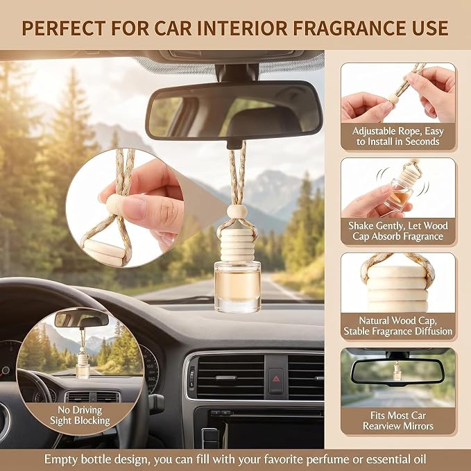 10 Pcs 5ml/0.17oz Hanging Car Air Freshener Bottles, Empty Clear Glass Diffuser Vials with Natural Wood Cap & Adjustable Rope, Refillable Car Perfume Pendant for Aromatherapy Fragrance Home Office