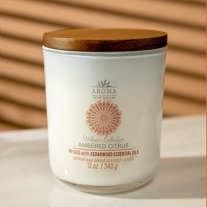 House of Velas, Aroma from Nature Wellness Collection Candle, 12 oz, 2 Cotton Wicks, Ambered Citrus, Large Painted Jar