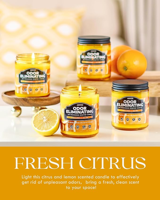 AOOVOO 4 Pack Citrus Lemon Odor Eliminating Highly Fragranced Candle Set - Eliminates 95% of Pet, Smoke, Food, and Other Smells Quickly, Non Toxic Air Freshing Soy Candle