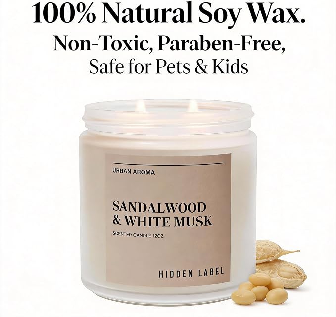 Hidden Label Sandalwood White Musk Soy Candle, 12oz 2-Wick, 70H Zen Calm | Non-Toxic Vegan Soy Wax | Sandalwood & White Musk Grounding Scent | Even Melt No Tunneling | Yoga Meditation Relaxation Gift