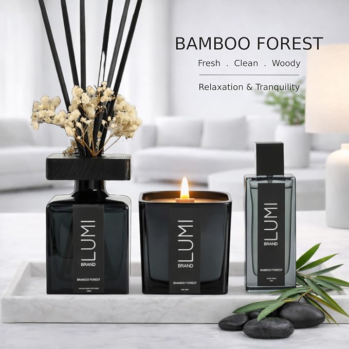 Luxury Aroma Gift Set | Bamboo Forest - Reed Diffuser (200ml), Wood Wick Soy Candle (200g), Room Spray (50ml) | Includes Dried Flowers & 8 Reeds | Luxurious Home Fragrance for Home Décor & Gifts