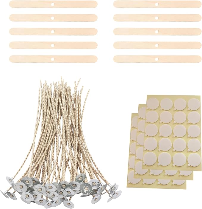 Candle Wicks Kit - 50pcs 8 Inch Natural Candles Wicks with 10pcs Wooden Holders 120 Pcs Wick Stickers for Soy Wax Beeswax Coconut Wax Candle Making Supplies