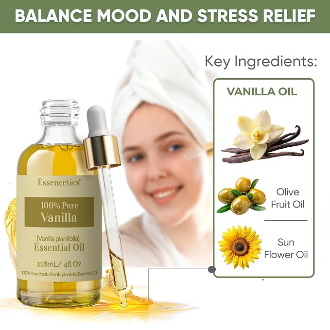 Vanilla Essential Oil for Diffuser 4oz - 100% Natural & Organic - Infused with Olive & Sunflower Oils - Perfect Vanilla Oil for Skin, Body, Candle Making, Soap Making, & Aromatherapy
