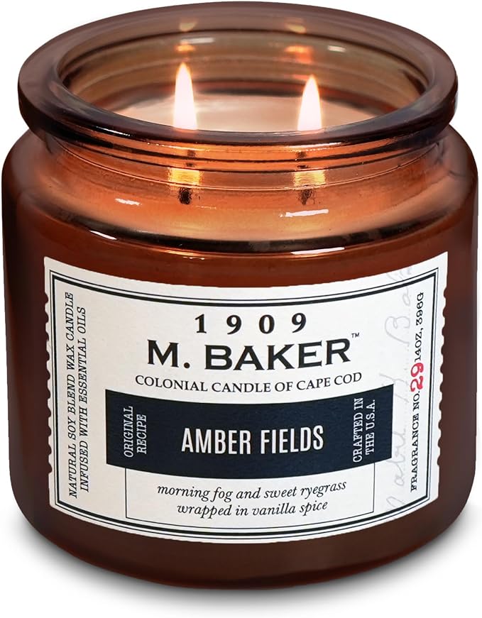 Colonial Candle Amber Fields Scented Candle, 2-Wick Natural Soy Blend Wax Candle Infused with Essential Oils, 14 oz Apothecary Glass Jar Candle - Made in The USA