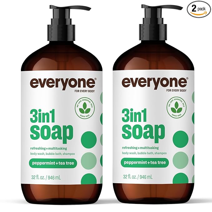 Everyone 3-in-1 Soap, Body Wash, Bubble Bath, Shampoo, 32 Ounce (Pack of 2), Peppermint Tea Tree, made with Essential Oils for Men and Women