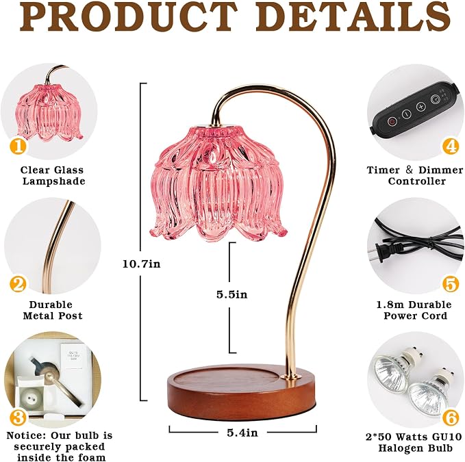 Funistree Flower Candle Warmer Lamp with Timer, Dimmable Candle Lamp Warmer, Christmas Birthday Gifts for Women Mom Her, Housewarming Home Decor, Lotus Wax Warmer for Yankee - Pink Lily 10 Inch