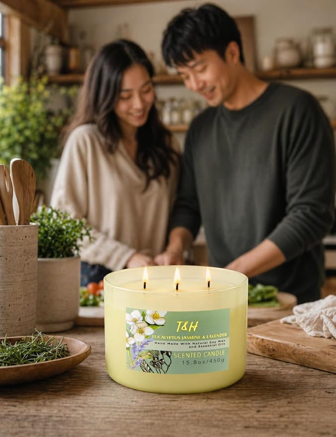 Eucalyptus Jasmine Lavender Scented Candle | 3-Wick Large Soy Candle for Home, 15.8 oz | Eucalyptus & Lavender Aromatherapy Candle | Self Care Gifts for Women, Candles for Men