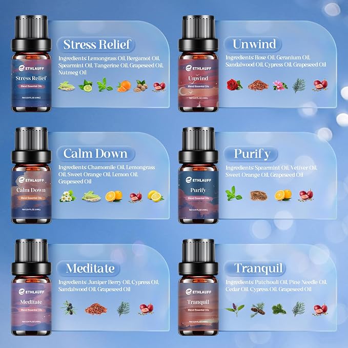 Relax Eessential Oils Set, Diffuser Oil for Home, Humidifiers, Candle Making, Aromatherapy - Stress Relief, Calm Down, Tranquil, Meditate, Unwind, Purify, 6x10ml