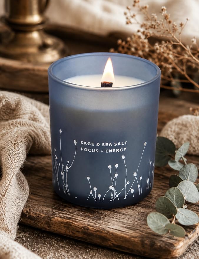 White Sage Sea Salt Wood Wick Soy Scented Candle, 10.6 oz | Sage Candle for Cleansing House | Aromatherapy Energy Cleansing Candle for Home, Meditation, Clean Burning Long Lasting