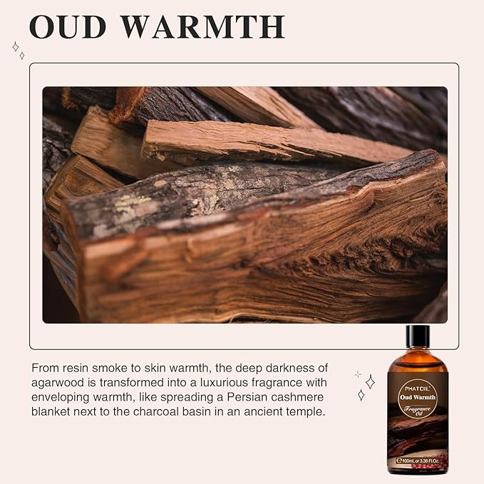 PHATOIL 3.38FL.OZ Oud Warmth Fragrance Oils for Aromatherapy, Essential Oils for Diffusers for Home, Perfect for Diffuser, Yoga, Skin Care, DIY Candle and Soap Making - 100ml