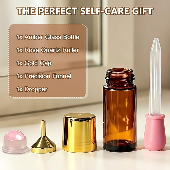 50ml Amber Glass Roll-On Bottles For Castor Oil Brows & Lashes/DIY Perfume/Face Serum/Massage Oil, Essential Oils - Rose Quartz Crystal Ball, Refillable Leak-Proof Rollerball