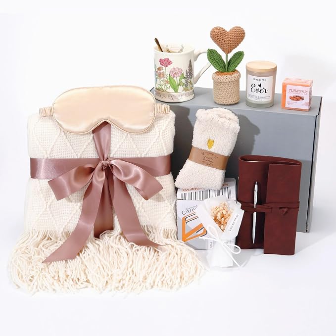 Birthday Gifts for Women,Spa Relaxation Gift Basket for Women - Self Care Package with Plush Throw Blanket, Scented Candle, Inspirational Mug & Journal for Stress Relief, Get Well Soon