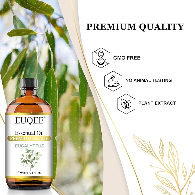 EUQEE Eucalyptus Essential Oil 118ml Pure Eucalyptus Oil with Glass Dropper for Aromatherapy, Diffuser, Soap & Candle Making - 4Fl.Oz