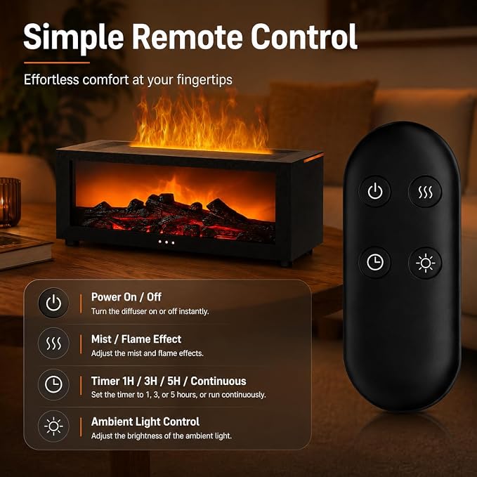 Essential Oil Diffuser, Fireplace Fire Flame Aromatherapy Diffuser, 150ml Ultrasonic CoolMist Humidifier, Scent Aroma Diffuser with 7Colors Light. Timer & Auto-Off for Home