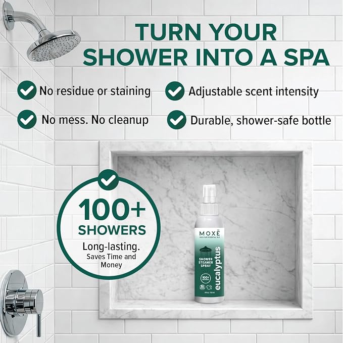 MOXĒ Eucalyptus Oil Shower Mist, Spa Steam Spray, Certified Natural 100% Essential Oils, Made in USA, Aromatherapy, Sinus Congestion Relief, Tension Relief, 4 Ounces