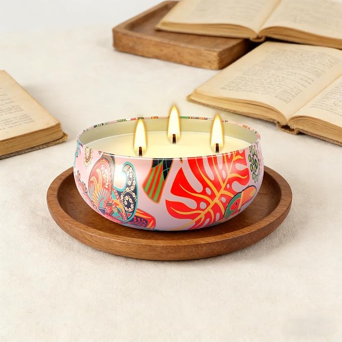 Summer Citronella Scented 3 Wick Candle, Soy Wax Candle for Indoor & Outdoor Use, Boho Floral Decorative Candle for Home,BBQ, Patio and Balcony Decor.