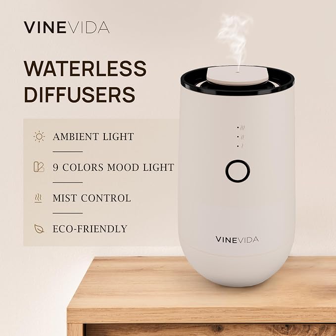 VINEVIDA Waterless Diffuser - Essential Oil Diffuser for Home - Beige Scent Diffuser for Home, Battery Operated Aromatherapy Diffuser - Car, Room Fragrance Air Diffuser