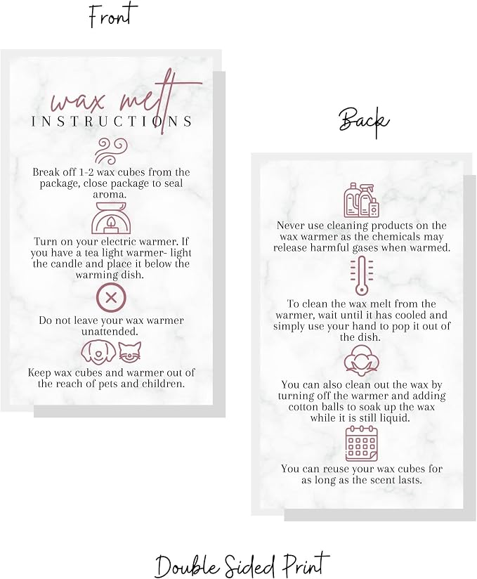 Wax Melt Care Instruction Cards | 50 Pack 2x3.5” Business Card Wax Melt Supplies Homemade Customer thank you for Warmer Minimalist Marble Mauve Pink How To Care for wax cube clamshell wickless candle