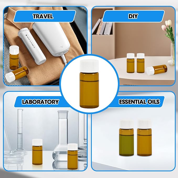 12PCS 4ml Amber Glass Vials with White Screw Caps and Plastic Stoppers, 1 Dram Leak-Proof Small Liquid Sample Bottles for Essential Oils, Perfumes, Reagents