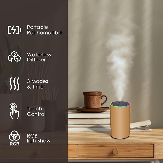 Waterless Essential Oil Diffuser, 7 Colors LED Light, Battery Powered Mini Scent Air Machine, Aromatherapy Mist Diffuser for Home Room Car Office，Black Aluminum Alloy (Gold-LED)