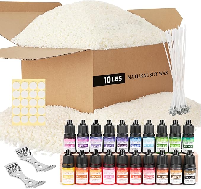 SAEUYVB Soy Wax for Candle Making,10 lbs Natural Soy Wax Pellets with 20 Color Liquid Dye,20 Cotton Wicks,Complete Candle Making Supplies for Adults- Ideal for Home Decoration & DIY Gifts