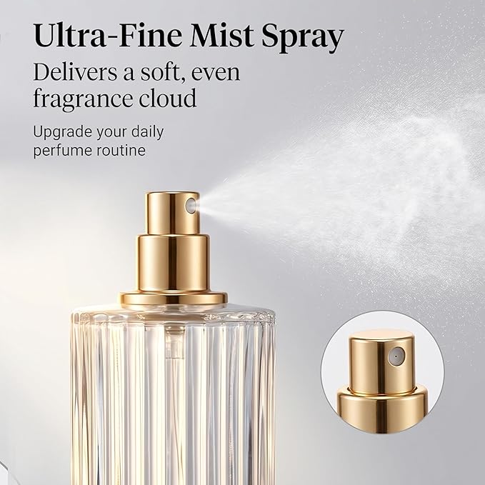 YU FENG 2 Pack Refillable Glass Spray Perfume Bottles, 100ML Clear Fine Mist Atomizer with Gold Rim & Cream Cap, Empty Portable Glass Essential Oil Spray Bottles for Travel, Home, DIY Fragrance